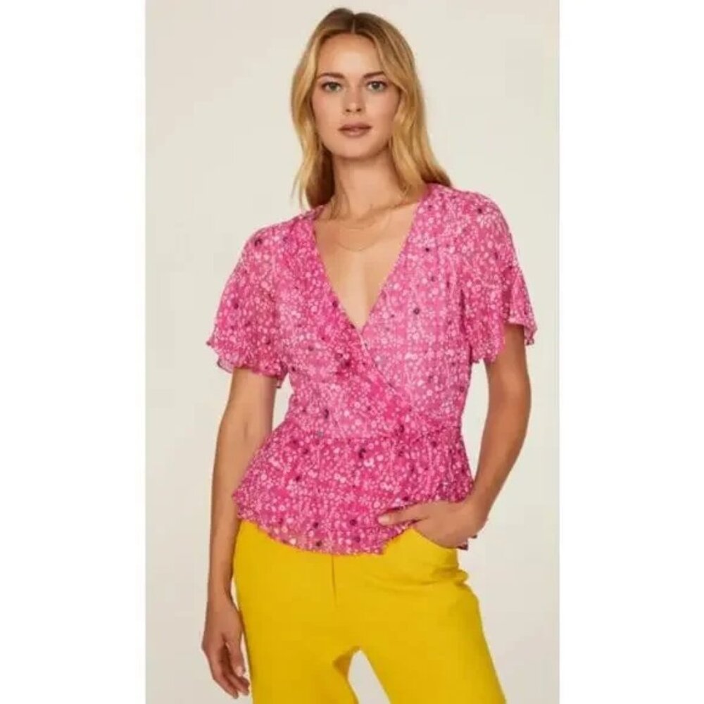 Tanya Taylor Bianka Faux Wrap Peplum Blouse Pink‎ Silk Cotton Ruffle Size 2